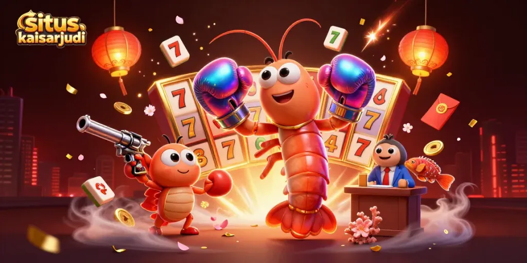 Engage with situs kaisarjudi in a vibrant 3D casino world filled with slot reels and festive elements.