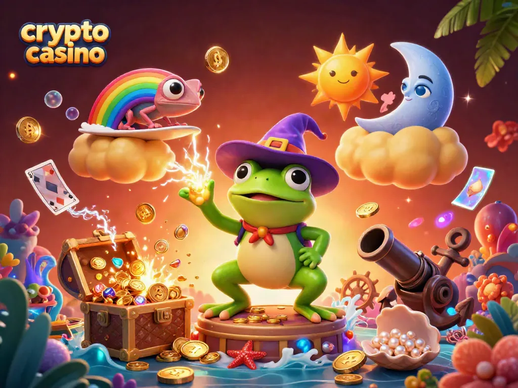 Experience the excitement of a crypto casino with this colorful 3D illustration featuring lively characters and gold coins.