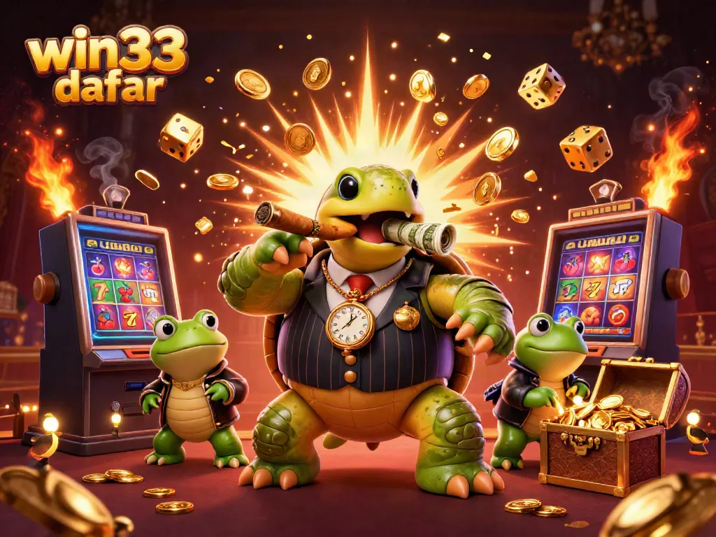 Experience the thrill with win33 daftar in a dynamic casino scene featuring a turtle mobster and jackpot coins.