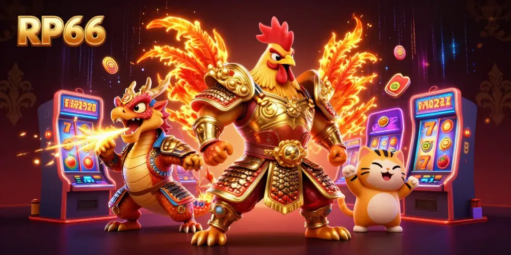 Experience the thrilling atmosphere of RP66 with unique characters amidst vibrant slot machines.