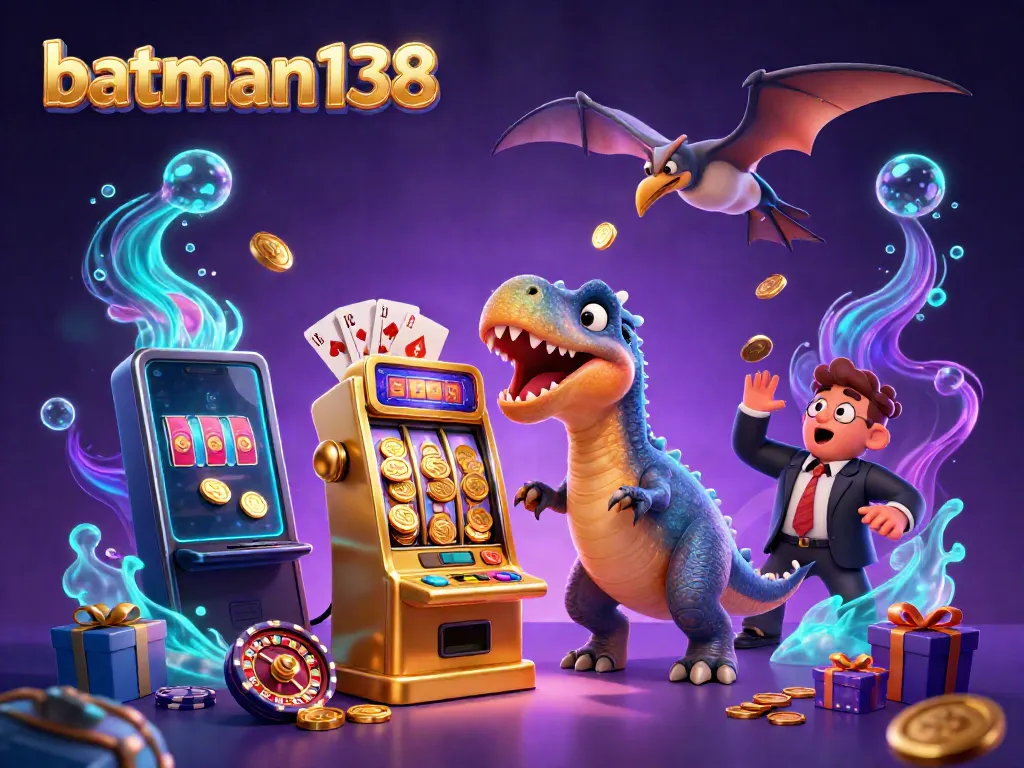 Experience the thrill of batman138 as a dinosaur hits a jackpot slot machine, golden coins flying everywhere!