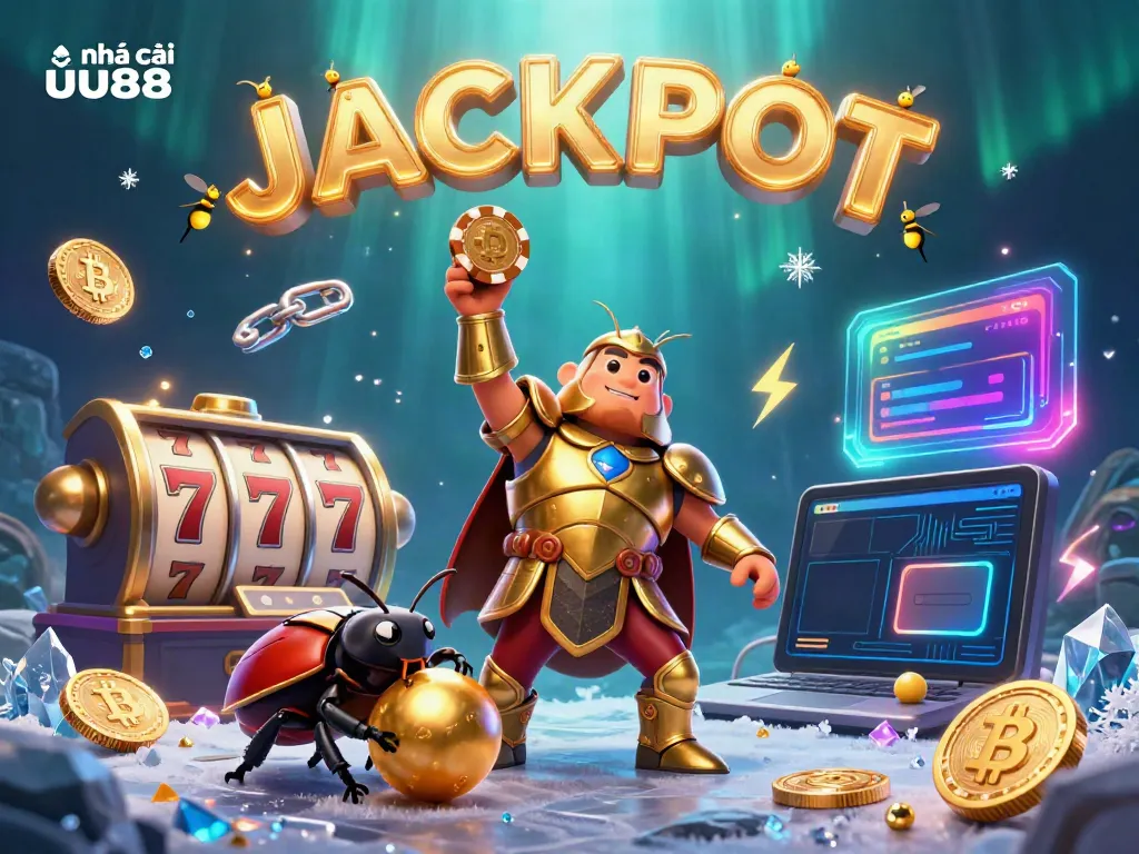 Game on with nhà cái uu88 as a hero beetle celebrates victory surrounded by crypto coins and slot elements.