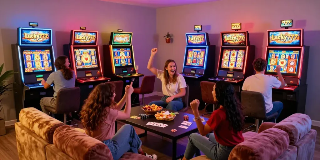 Friends enjoying a lively casino game night at home with Lucky777 slot machines.