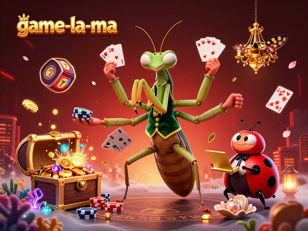 Experience the thrilling action at game-la-ma with a lively casino scene featuring vibrant characters and games.