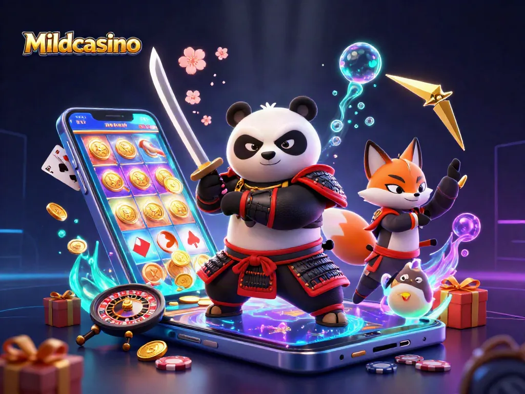 Mildcasino entertaining players with a vibrant 3D samurai panda and ninja fox amidst dynamic slot game elements.