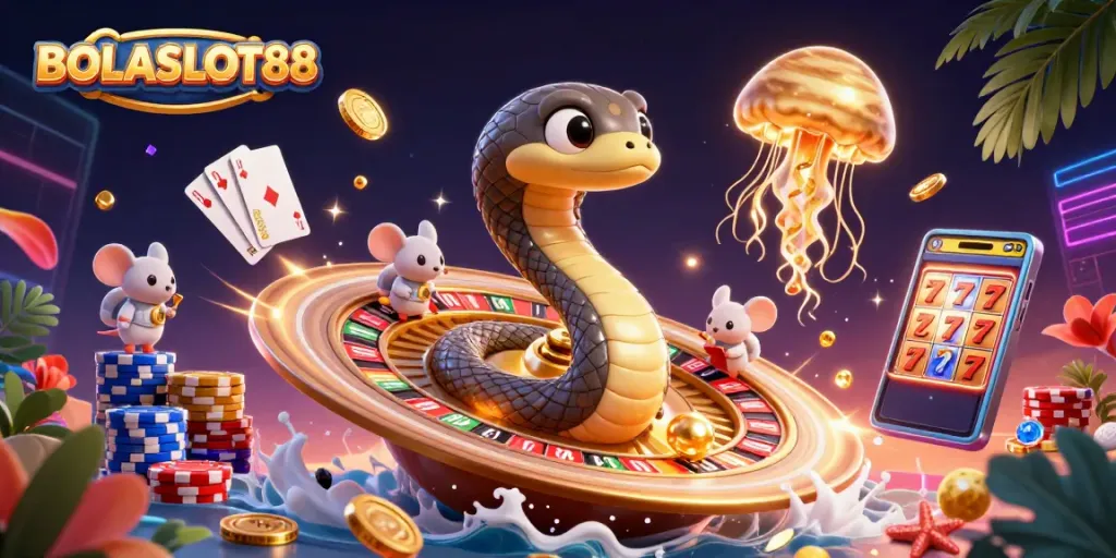 BOLASLOT88 showcases a fiery cosmic casino scene with a Saturn ring snake, astronaut mice, and a golden jellyfish dealer.