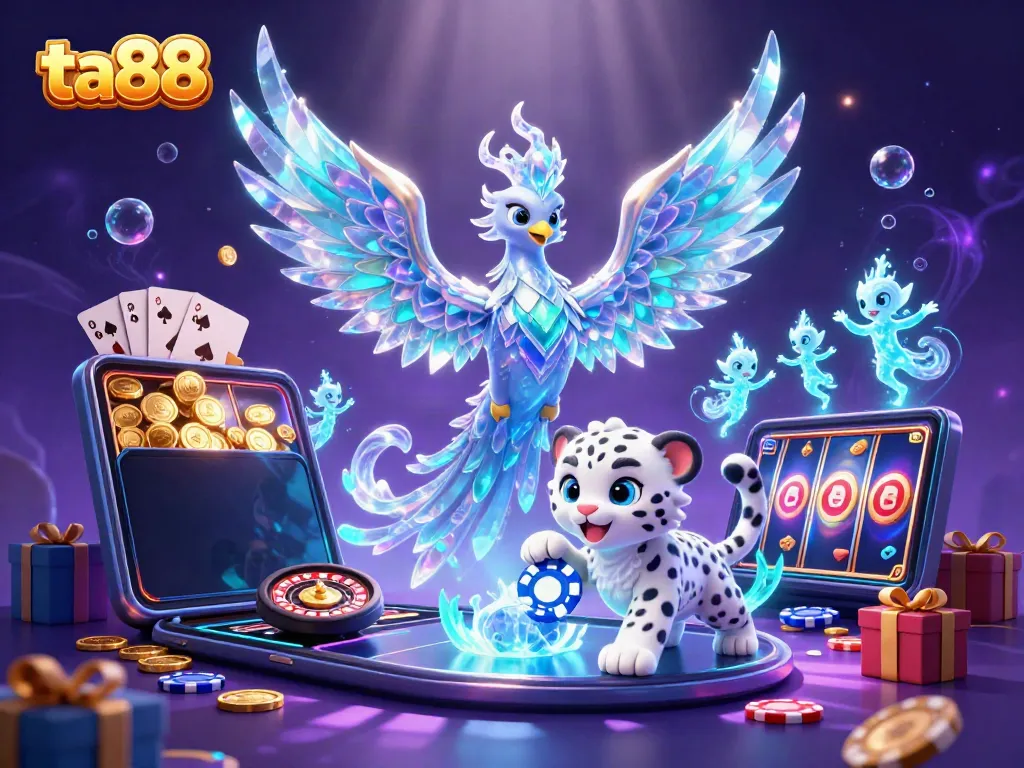 Join the excitement with ta88, featuring an ice phoenix, and a playful snow leopard amidst a vibrant casino scene.