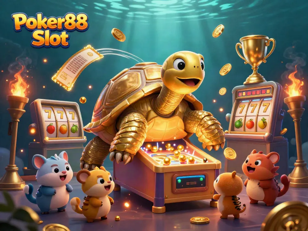 Experience the excitement of Poker88 Slot with a golden tortoise carnival theme featuring dynamic slot reels and thrilling elements.