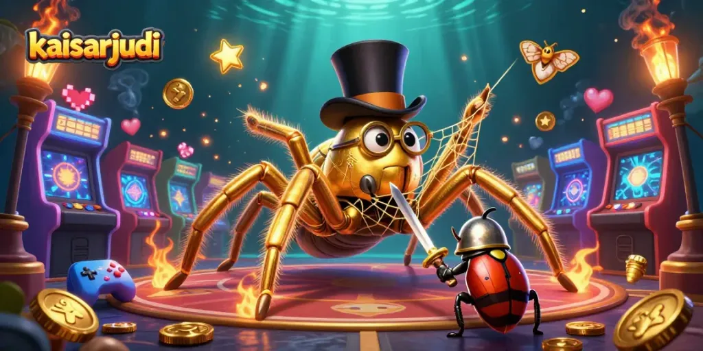 Kaisarjudi showcases an engaging casino-themed scene with a golden tarantula and heroic beetle knight.