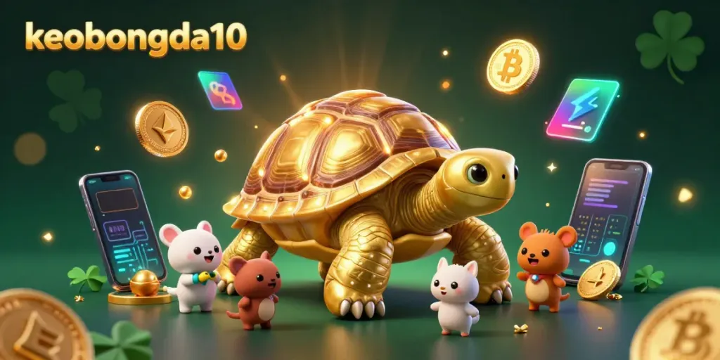 Engage with keobongda10's online gaming experience through this vibrant 3D illustration of a golden tortoise pinball machine surrounded by crypto symbols.