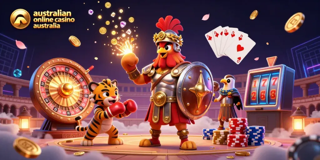 Engaging illustration of australian online casino australia featuring a gladiator rooster in an animated casino scene