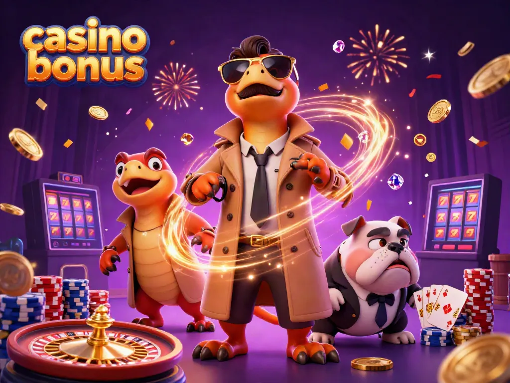 Experience a vibrant casino bonus scene with raptors in a trench coat at a VIP lounge.