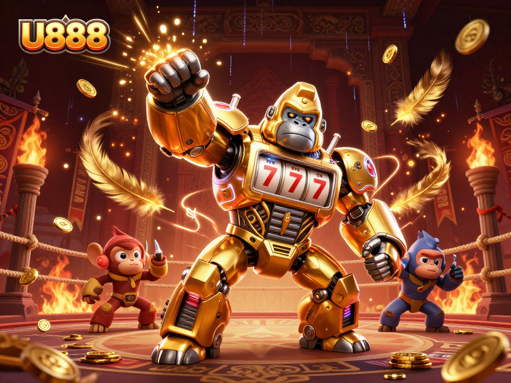 Spin to win with U888's golden gorilla mech, embodying the thrill of slot gaming.