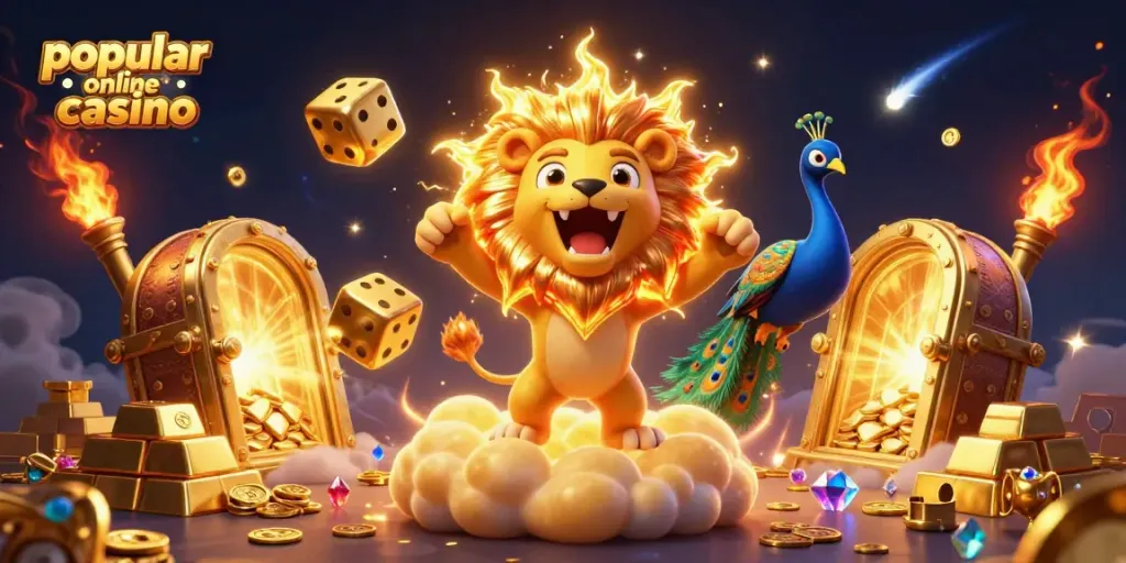 Join the excitement at this popular online casino with cartoon lion and golden treasures illuminating the scene.