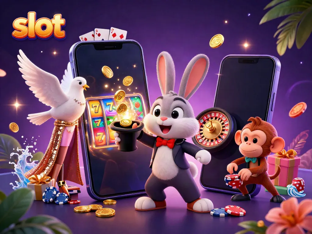 Engaging cartoon scene showcasing a magician rabbit, a dove, and a monkey around a vibrant slot game display, emphasising excitement.