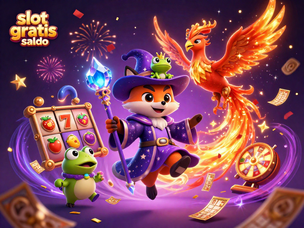 Engage in thrilling wins with slot gratis saldo, featuring a wizard fox and a phoenix amidst vibrant slots.
