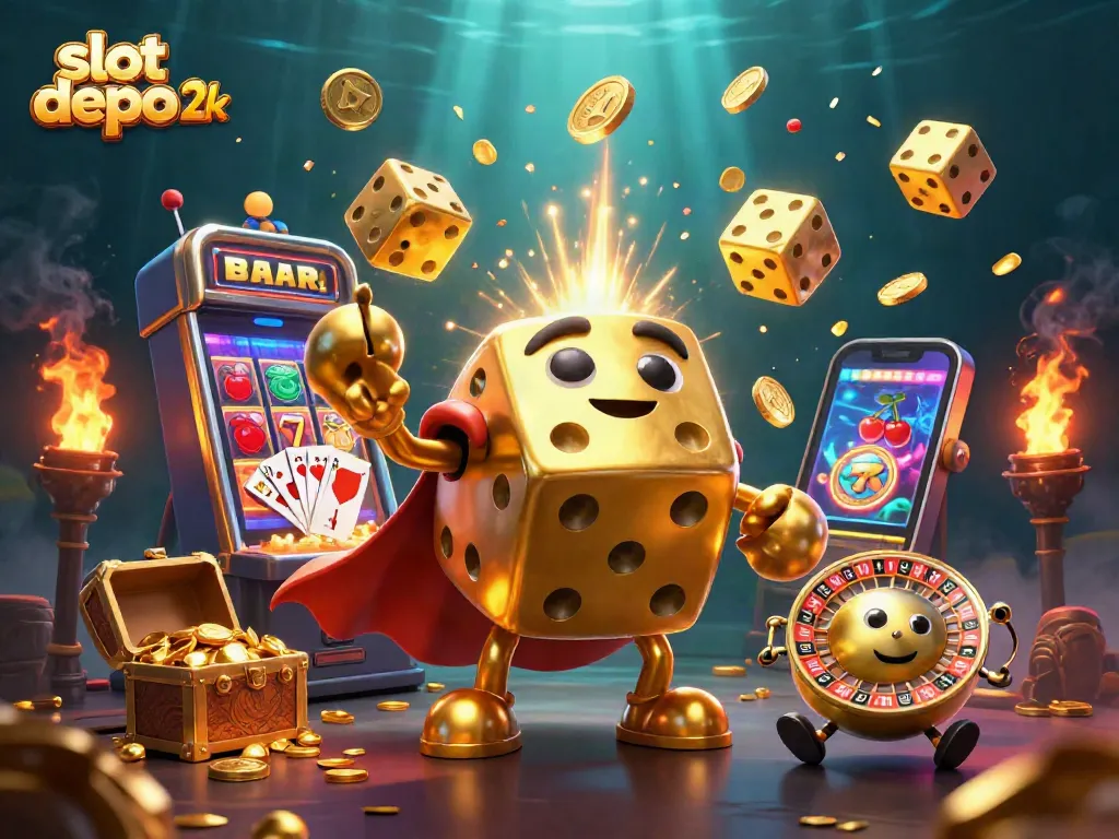 Experience the thrill of slot depo 2k in a vibrant 3D casino scene filled with golden dice, jackpots, and action.