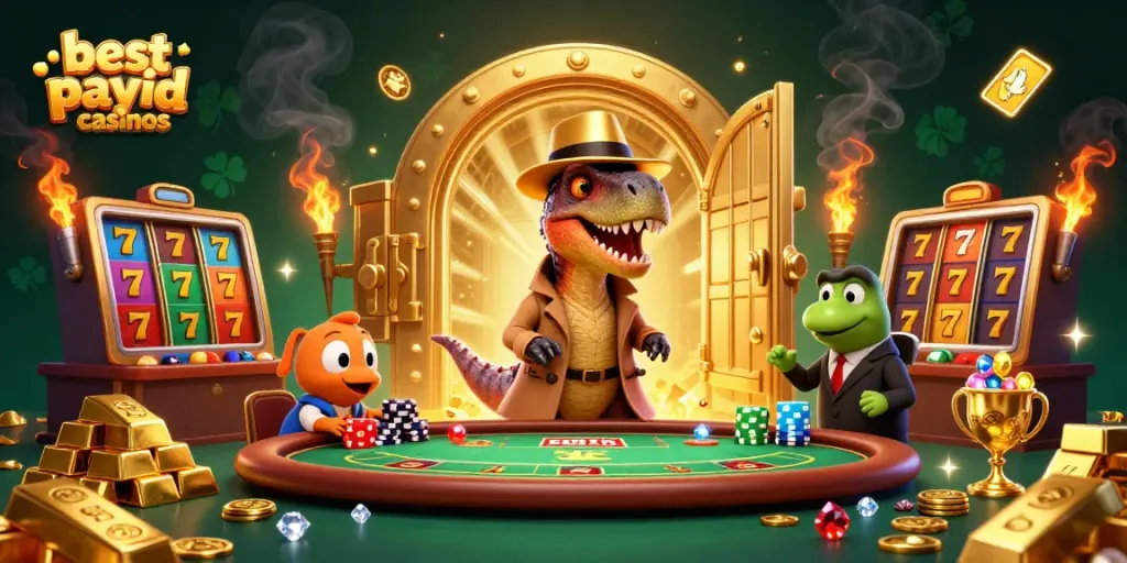 Experience the thrill of the best payid casinos with cartoon characters in a vibrant casino scene.