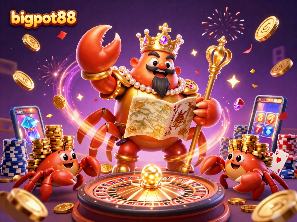 BIGPOT88 menghadirkan suasana kasino dengan kepiting emas raksasa yang membawa peta harta dan pelayan kepiting hermit membawa chip emas.