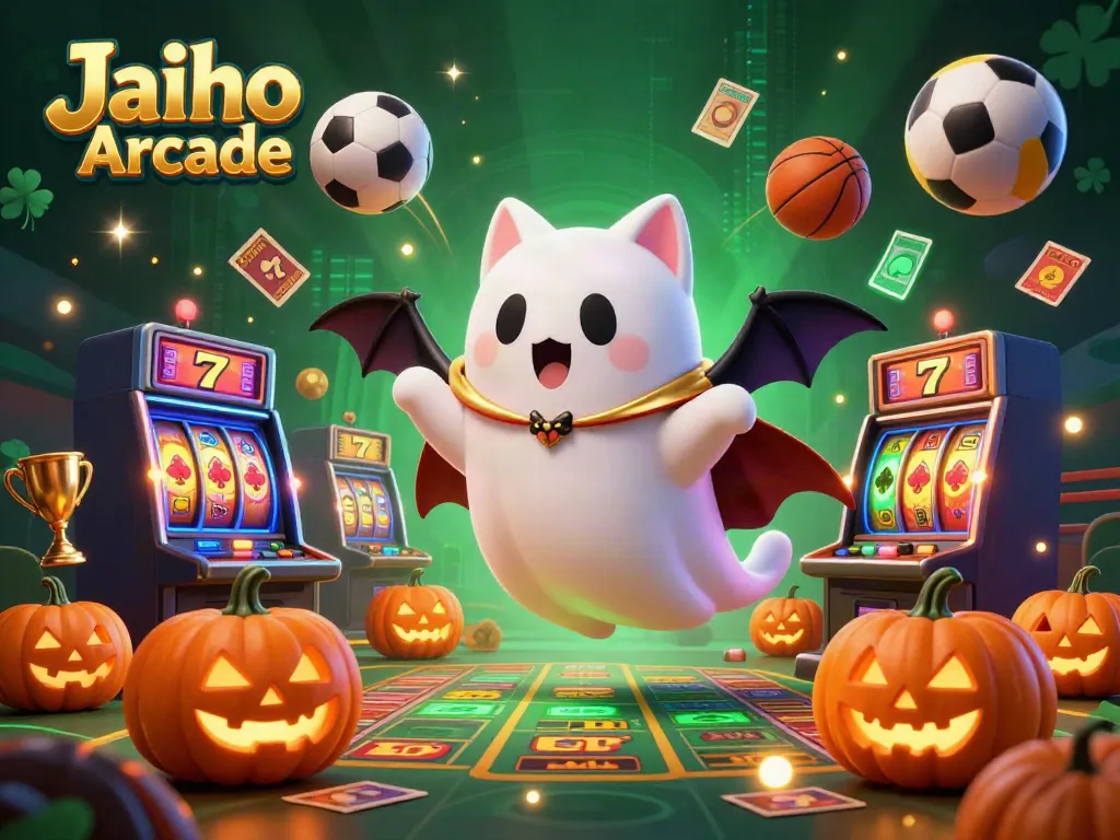 Engage with Jaiho Arcade via friendly ghost cat and vampire bat in a lively casino.