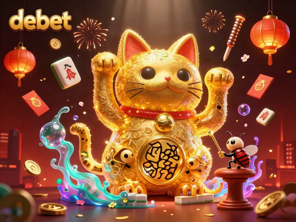Engage with debet's giant lucky cat forming various casino symbols while surrounded by dynamic 3D game elements.