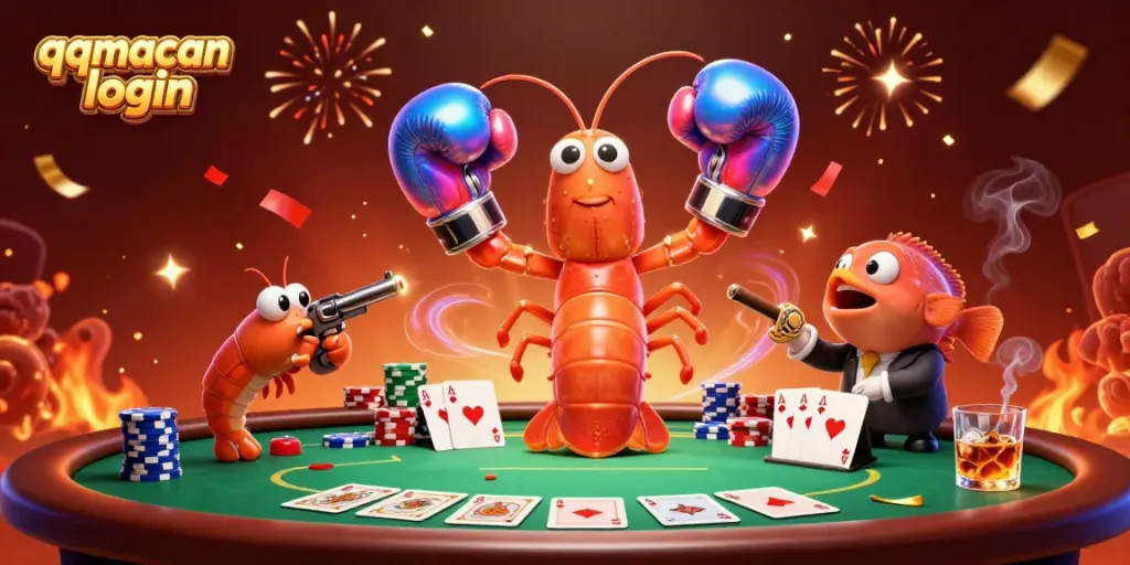 Engage in exciting gameplay with a 3D cartoon mantis shrimp and a vibrant poker scene featuring qqmacan login