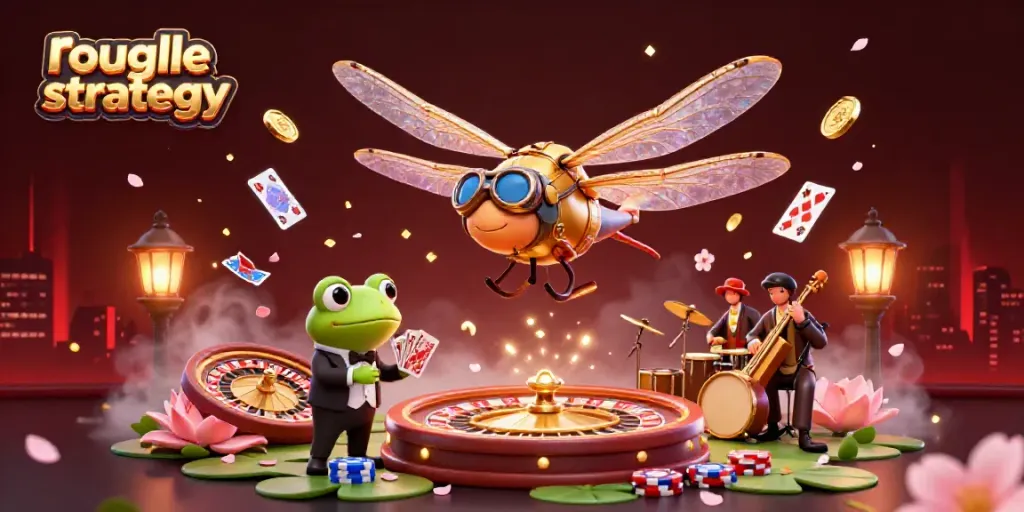 Experience exciting roulette strategy with a vibrant scene of a helicopter pilot and a frog dealer in a whimsical casino backdrop.
