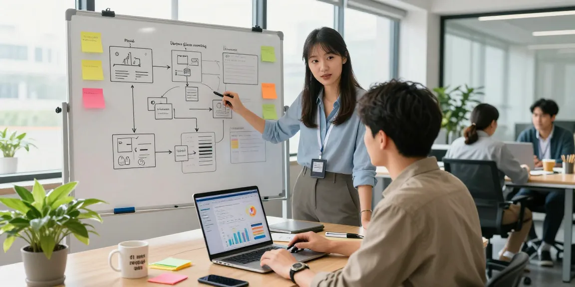 Engaged marketer discussing go8 strategies in a modern office, showcasing creative brainstorming.