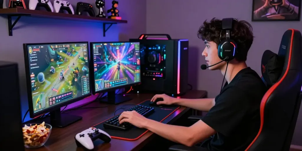 Gamer playing akunjp with intense focus in a vibrant gaming setup