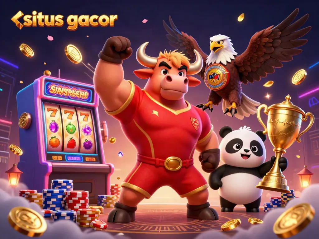Dynamic scene of a muscular bull mascot and companions celebrating big wins at situs gacor, surrounded by vibrant casino elements.