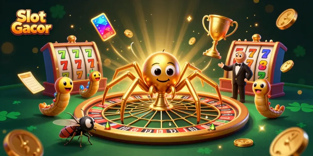 Engage with Slot Gacor as a golden spider weaves a roulette web while players place bets.