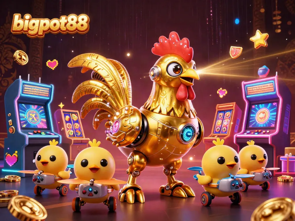 bigpot88 menampilkan robot ayam emas dalam permainan slot penuh warna dengan energi kasino dinamis