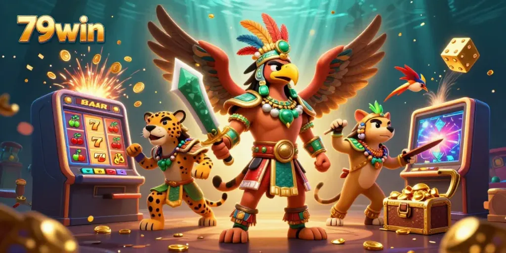 Experience the thrilling 79win jackpot vibe with a vibrant 3D casino illustration.