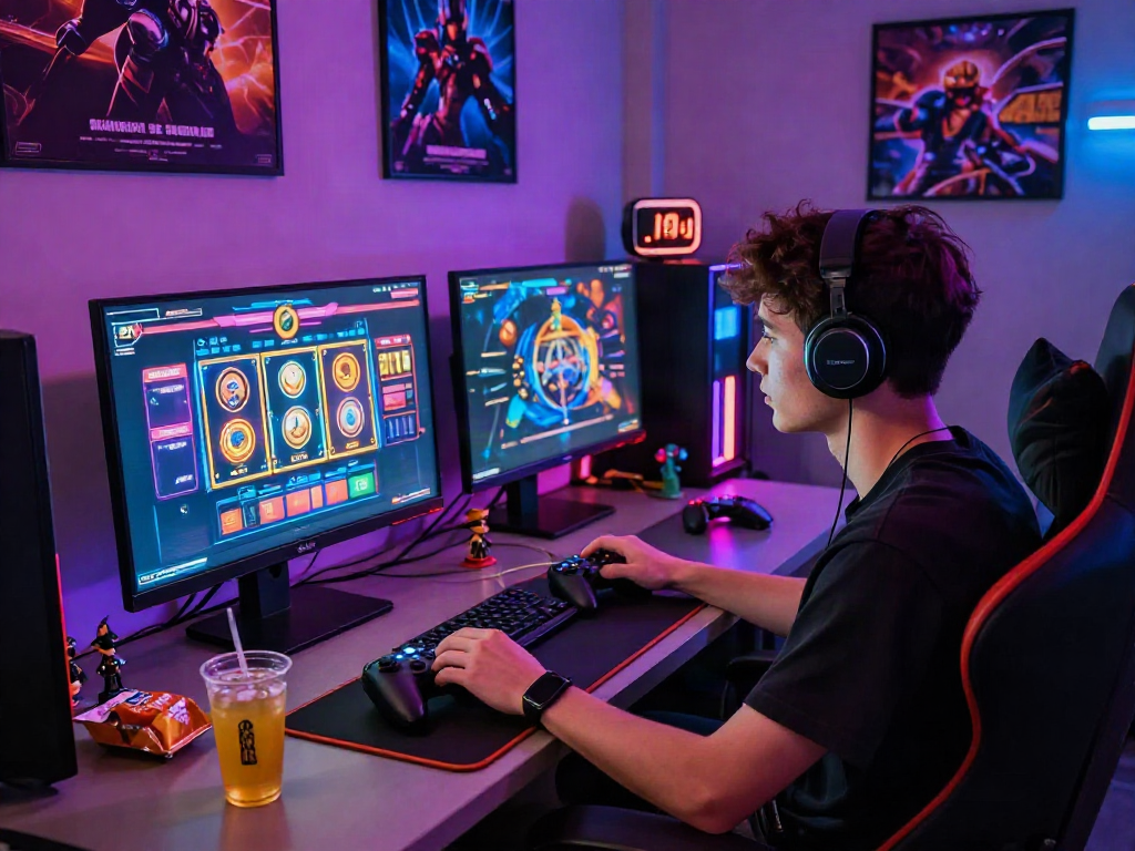 Engaging online gaming setup showcasing bandar slot on a vibrant monitor with ambient lighting.
