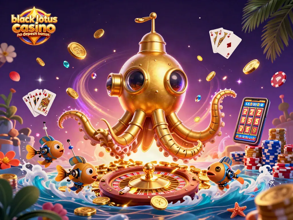 Engage with the black lotus casino no deposit bonus through this vibrant, dynamic scene of a golden kraken submarine.