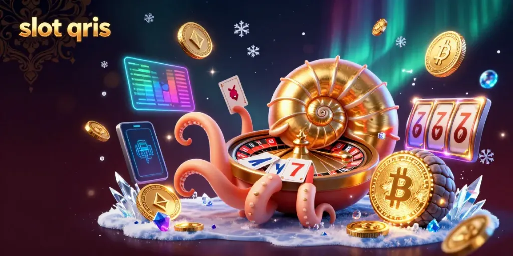 Spin the slot qris reels with 3D cartoon characters and glowing cryptocurrencies in an exciting casino scene.