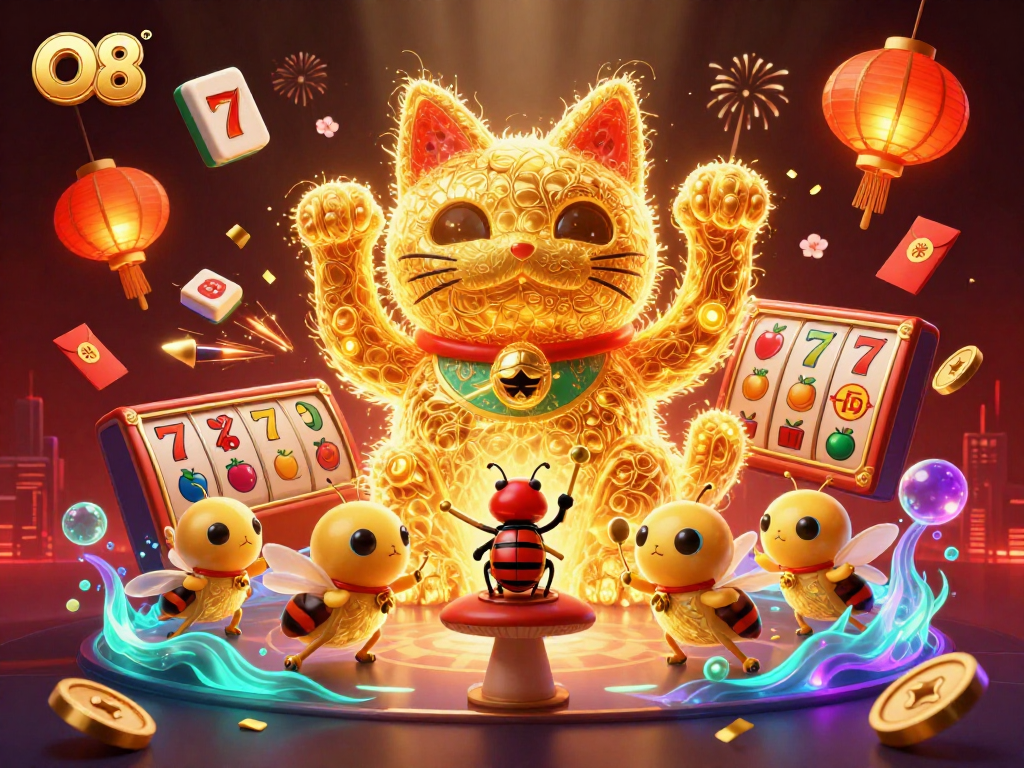 Engage in the O8 casino experience with stunning visuals of a lucky cat and dynamic game elements.