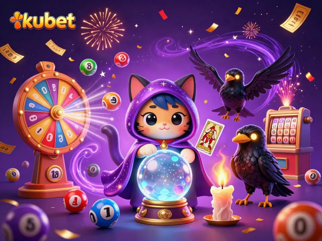 Engage with kubet's vibrant lottery environment featuring a mystic cat, a tarot raven, and dynamic lottery elements.