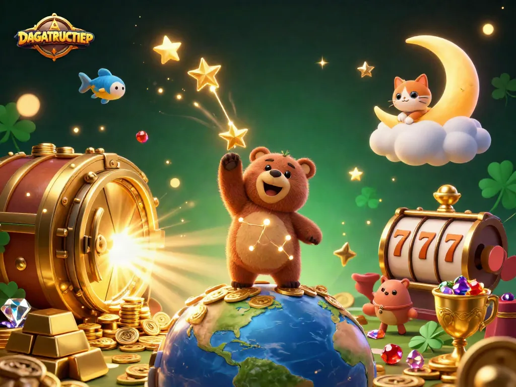 Dive into exciting gameplay with DAGATRUCTIEP, featuring vibrant 3D illustrations of gold and gems.