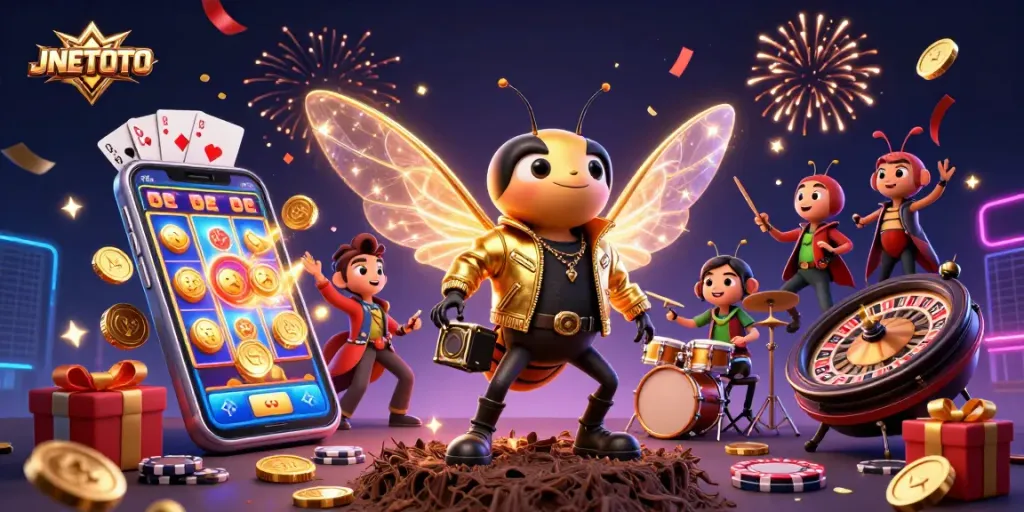 Experience the thrill of JNETOTO with a dynamic casino-themed illustration featuring excitement and winning potential.