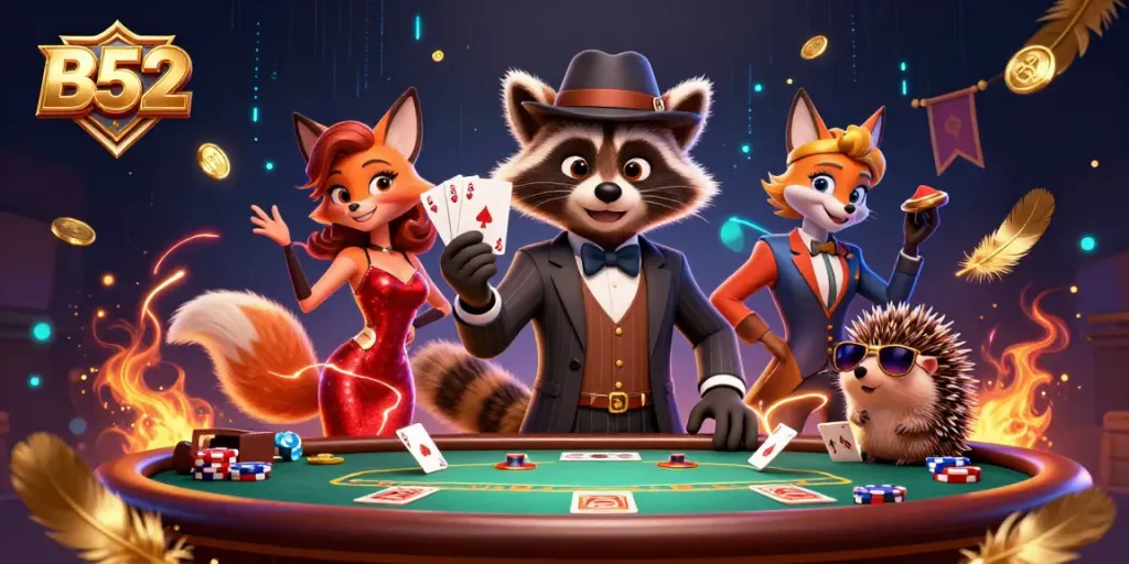 B52 poker scene with a suave raccoon, charming fox, and hedgehog delighting in gaming excitement.