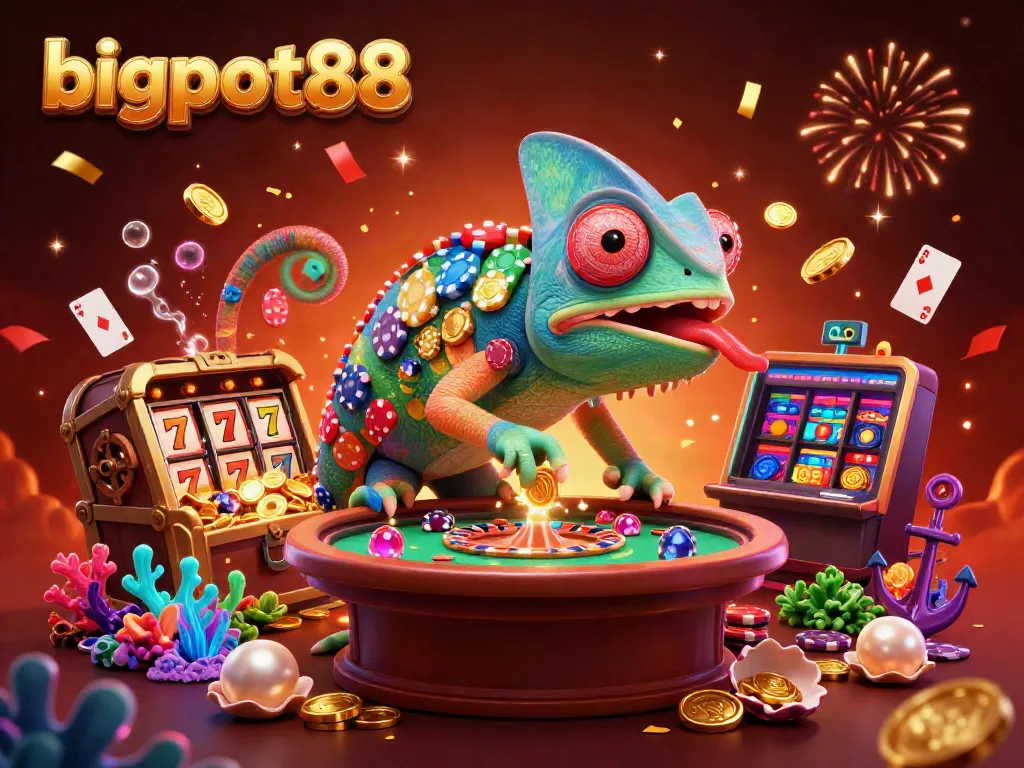 Explore the vibrant and animated bigpot88 gambling scene with colorful chameleon and slot reels.
