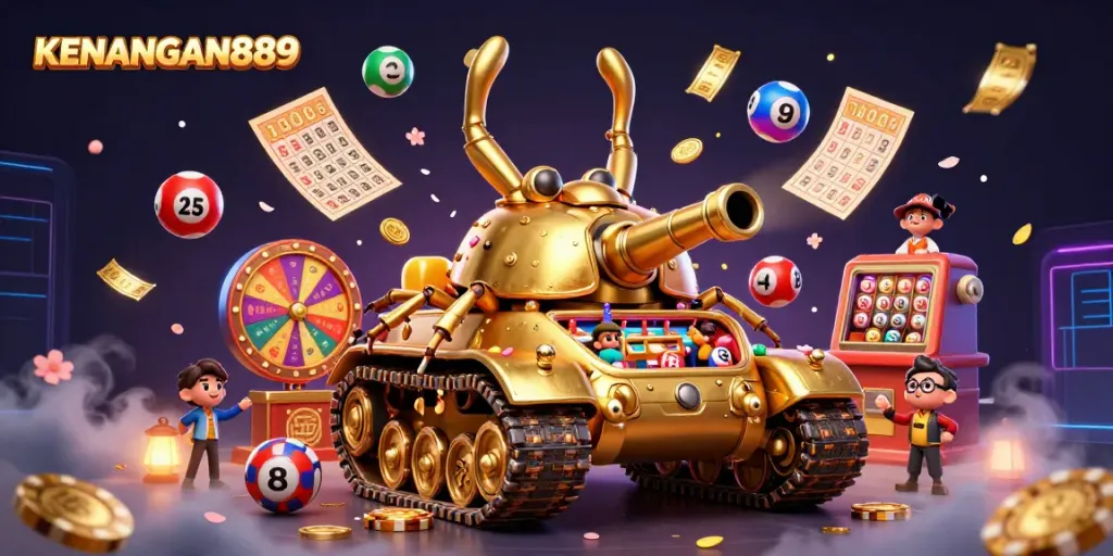 Engage with KENANGAN889's vibrant casino experience, showcasing a miniature casino tank and dynamic lottery elements.