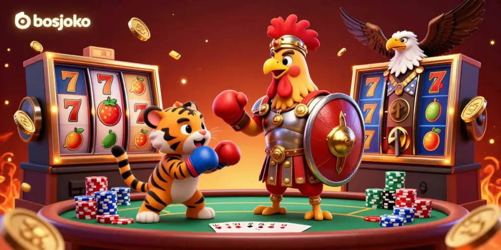 Bosjoko showcases a lively casino scene with a playful rooster, slot reels, and poker elements, creating excitement for players.