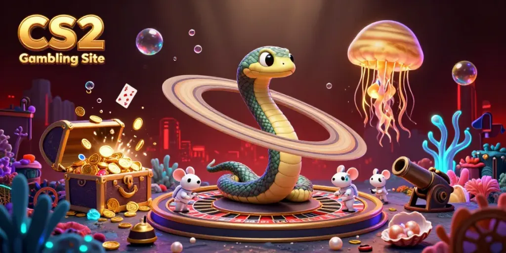 Illustration of a CS2 Gambling Site with astronaut mice betting on a Saturn roulette wheel, vibrant cosmic dealer, and gold treasure.