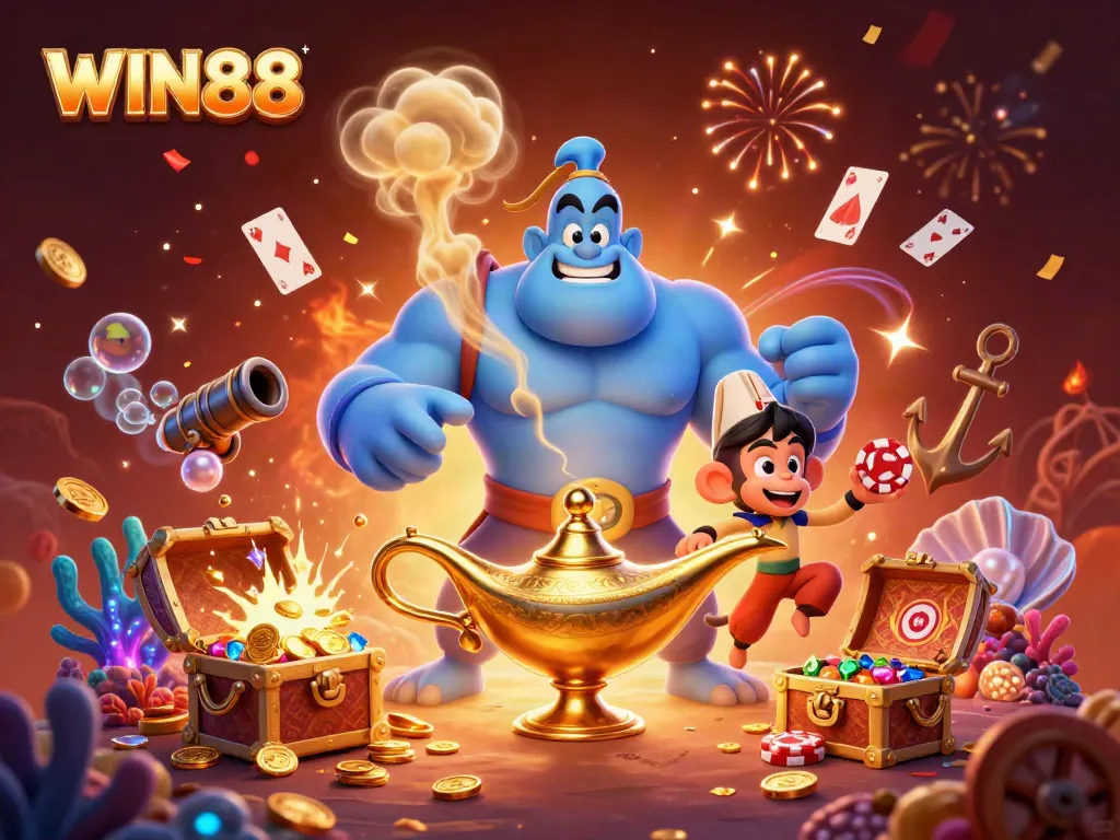Experience the excitement of WIN88 with a dynamic 3D scene featuring a genie, poker chips, and treasure.