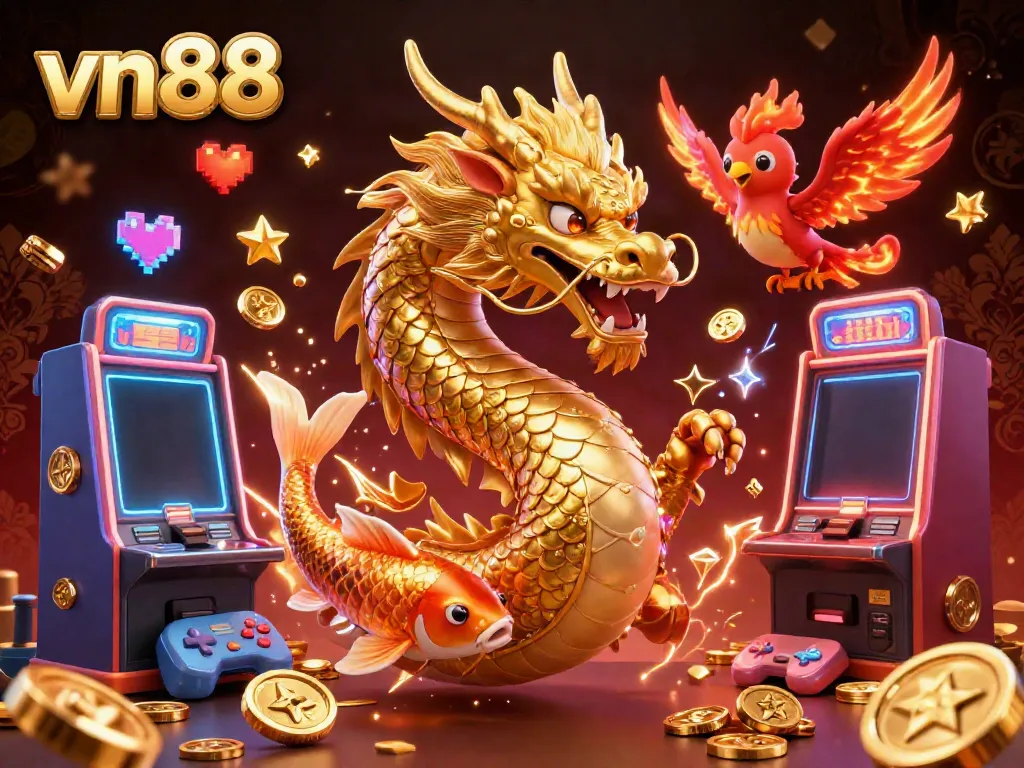Experience the excitement of vn88 casino with a dragon, phoenix, and koi fish amidst shining slot machines and coins.