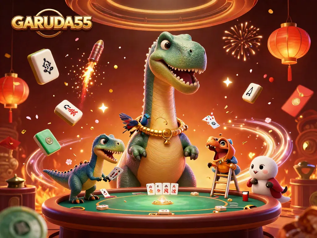 GARUDA55 offers thrilling poker action with a 3D cartoon dinosaur dealer and festive casino elements.