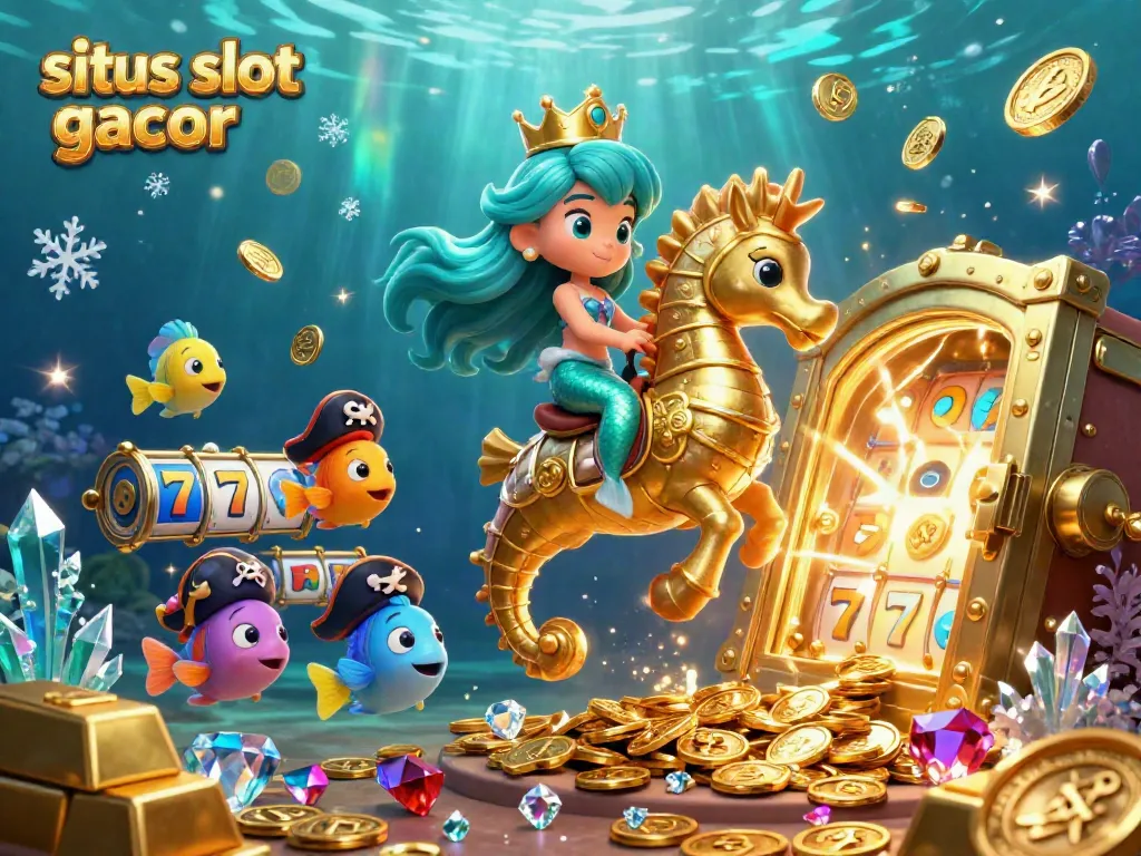 Engage with situs slot gacor in this vibrant 3D underwater scene featuring a mermaid princess among spinning slot reels.
