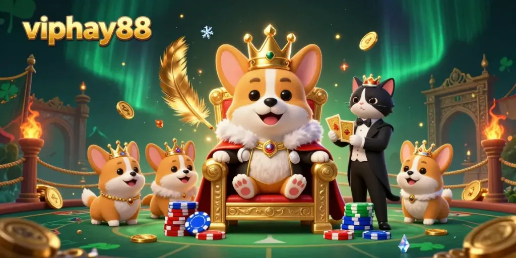 Experience fun betting with viphay88 featuring a royal corgi mascot on a throne of poker chips surrounded by gaming elements.
